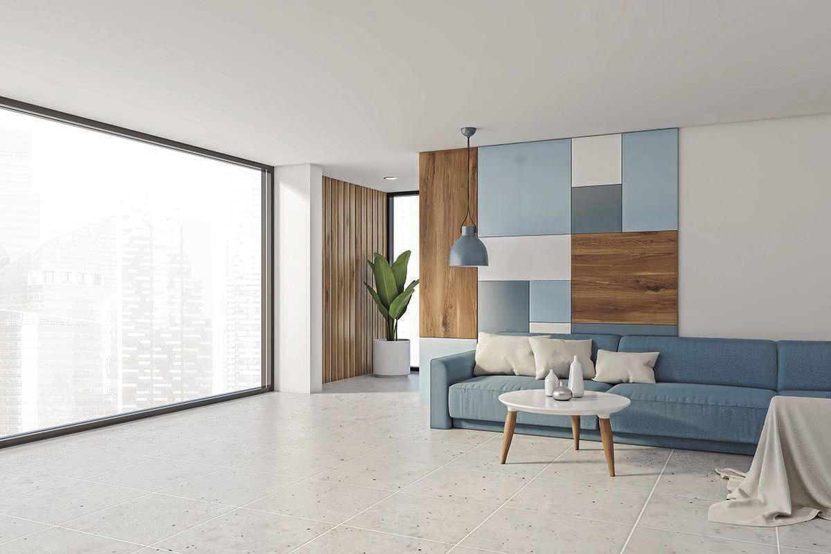 Panoramic white living room corner with sofa